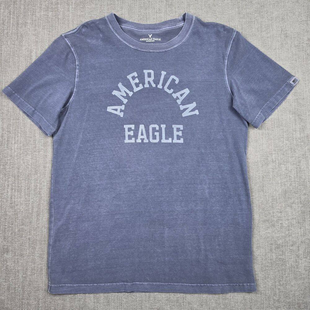 American Eagle Mens Graphic Tee Shirt Medium Blue Spellout Logo Vintage Wash